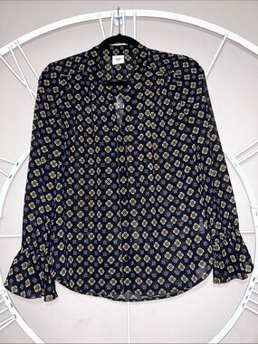 CAbi Navy and Gold Mosaic Pattern Semi-Sheer Ruffle Cuff Button-Down Blouse